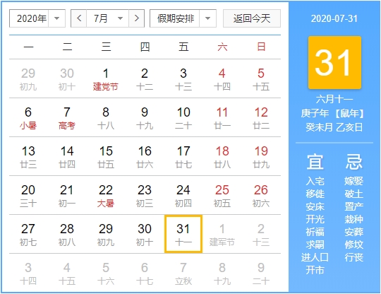 2020年07月31日庚子年癸未月乙亥日